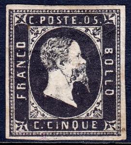 SARDINIA — SCOTT 1a — 1851 5c BLACK — MH/FAULTS — RAYBAUDI CERT. — SCV $13,000