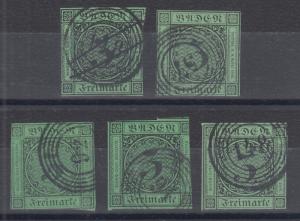 Baden Sc 7 used. 1853 3kr black on green, 5 sound examples.