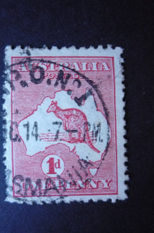 **AUSTRALIA KANGAROO P/MARK1st/WMK  1d RED VARIETY**FLAW ROO`S BACK**FINE USED**