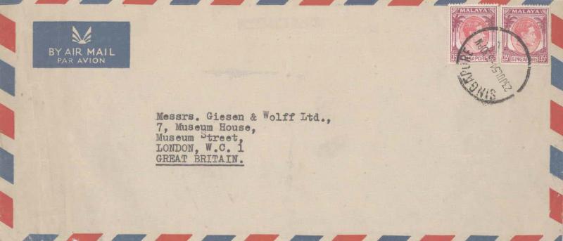 Singapore 35c KGVI (2) 1954 Singapore Airmail to London, England.  Some edge ...