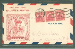 US 657 1929 2c Sullivan Expedition (strip of three) on an addressed hand stamped airmail first day cover with a Genesceo, NY can