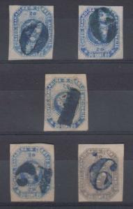 COLOMBIA 1859 Sc 6 & 6d FIVE SINGLES NUMERAL 0, 1, 2, 6 CANCELS €450.00+ 