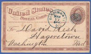 1873 Scott UX3/S2 SP69  1c postal card, Cincinnati, OH Blue Cancel, Pelts Advert