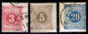 1874 SWEDEN #J2-3 & J6 POSTAGE DUE - PERF 14 - USED - FINE - CV$58.75 (ESP#2083)