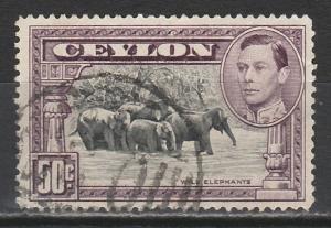 CEYLON 1938 KGVI ELEPHANTS 50C PERF 14 USED