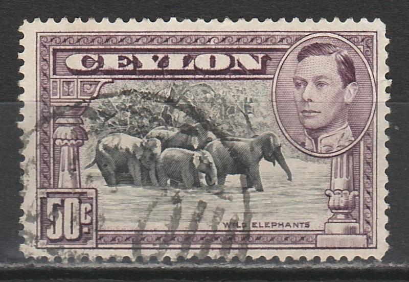 CEYLON 1938 KGVI ELEPHANTS 50C PERF 14 USED