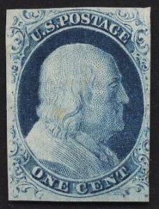 US Stamp #9 1c Blue Franklin Type IV  MINT NO GUM SCV $240