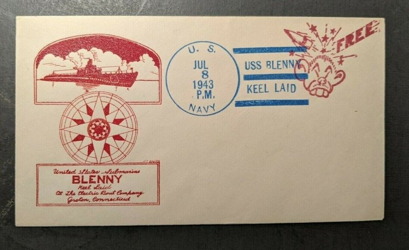 1943 USS Blenny Keel Laid Submarine Navy Cover USS Blenny Keel Laid Cancel