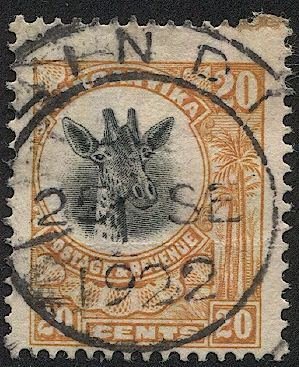 TANGANYIKA  1922 Sc 15 20c Used  Giraffe F-VF SOTN LINDI postmark/cancel