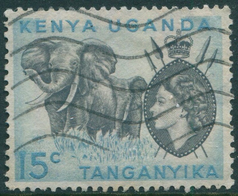 Kenya Uganda and Tanganyika 1954 SG169 15c QEII elephants #1 FU (amd)