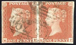 1841 Penny Red (ME/MF) Plate 101 Fine Four Margins PAIR Cat 75 pounds