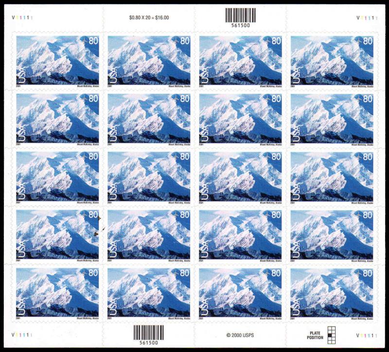 2001 Mount McKinley Alaska Air Mail Sheet Of 20 Sc C137 80¢  (Mltblu)