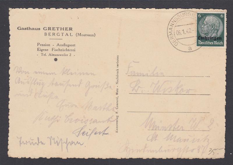 Lorraine Sc N46 on 1942 Post Card GERMANNSBURG - ST. MORITZ, Gasthaus Grether