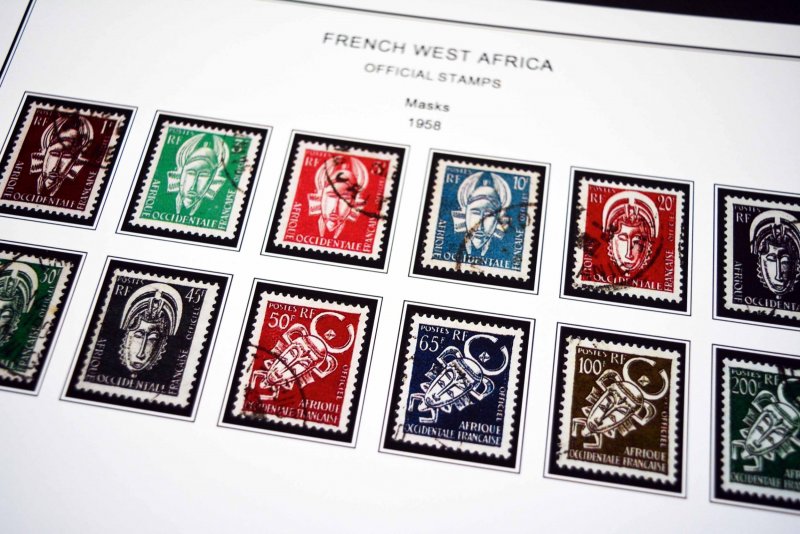 COLOR PRINTED FRENCH WEST AFRICA 1943-1959 STAMP ALBUM PAGES (15 illustr. pages)