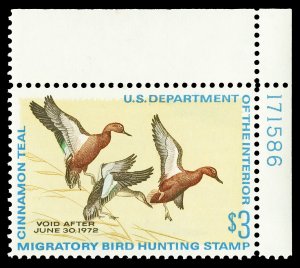 Scott RW38 1971 $3.00 Duck Stamp Mint Plate # Single VF+ OG NH Cat $42.50