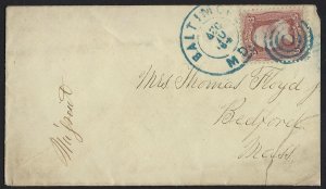 US 1864 CIVIL WAR COVER BALTIMORE MD FANCY BLUE CANCEL TO BEDFORD MAS