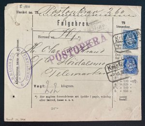 1899 Kristina Norway Commercial Parcel receipt Cover To Hoidalnno