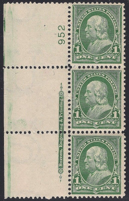 #279 VF MNH OG-Green 1¢ Washington SIDE PLATE NUMBER IMPRINT STRIP OF 3 (REM3)