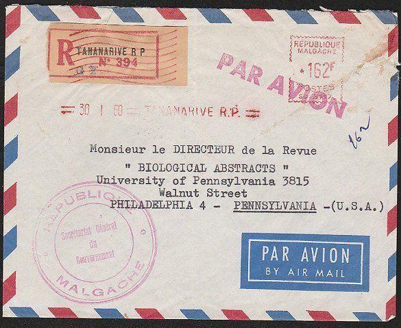 MADAGASCAR 1960 official registered airmail cover to USA...................46705
