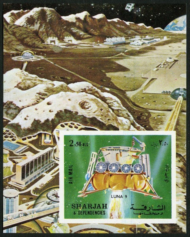 Sharjah 999 Bl.114A-114B perf & imperf Michel, MNH. Luna 9, 1972. Lunokhod.