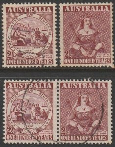 Australia 1950 Sc#228-229a Centenary of 1st Adhesive Stamp, Set of 3 USED.