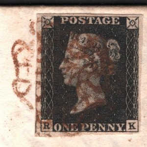 GB 1840 PENNY BLACK Cover BROWN MX *Bo'ness* 1d Plate 8 (RK) 1841 Cat £9,500 16m 