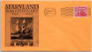 U.S. FIRST DAY COVER STATE OF MARYLAND TERCENTENARY THE ARK AND THE DOVE 1934