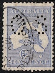 AUSTRALIA 1914  6d Roo, Sc OB8 Used Official VF OS Perfin, Registered cancel