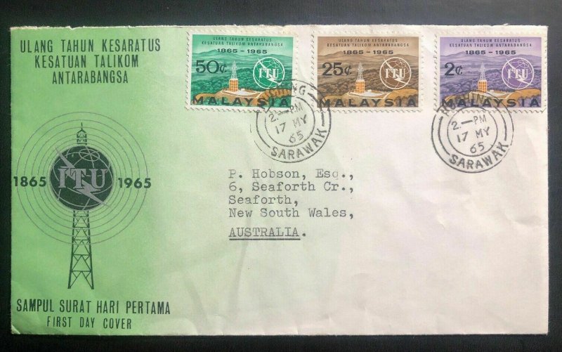 1965 Kuching Sarawak Malaysia First Day Cover FDC To Australia ITU Centenary