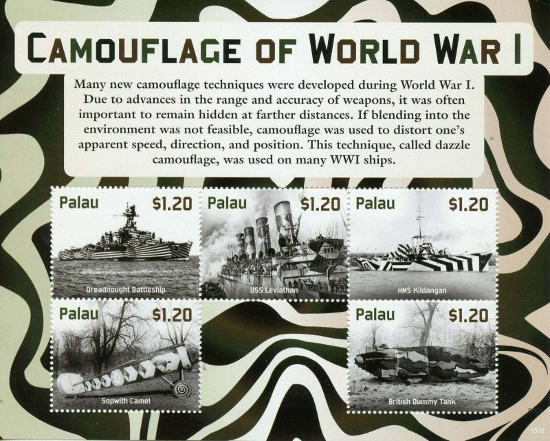 Palau 2015 MNH Military Stamps WW1 WWI Camouflage Sopwith Tanks Ships 5v M/S 