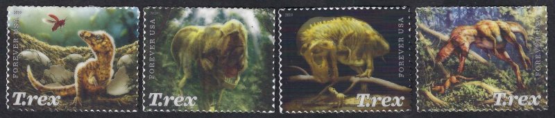 United States #5410-13 Forever (55¢) T-Rex (2019). Four singles. MNH