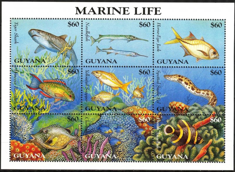 Guyana 1995 Marine Life Fishes Sharks Corals (2) Sheet MNH