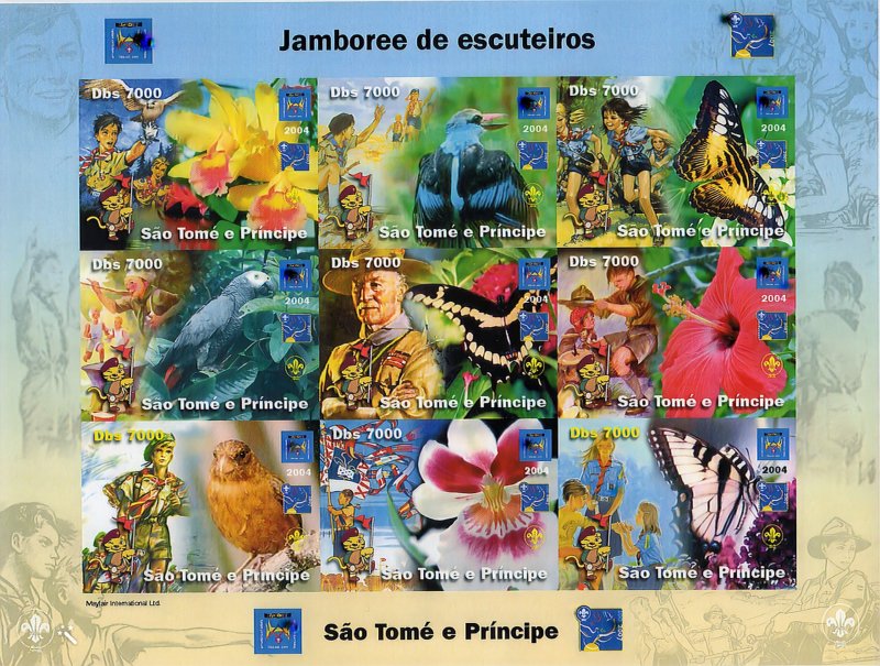 Sao Tome and Principe 2004 SCOUTS-BUTTERFLIES-BIRDS-ORCHIDS SHLT.IMPERFORATED MN