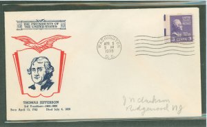 US 807EE 1939 3c Thomas Jefferson (presidential/prexy series) electric eye experimental printing process; single on an addressed