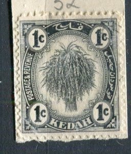 MALAYA KEDAH; 1920s early Rice Pictorial issue fine used 1c. value