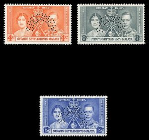 Malaya Straits 1937 KGVI Coronation set perforated SPECIMEN vfm. SG 275s-277s.