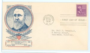 US 824 1938 19c Rutherford B. Hayes on an addressed FDC with a Washington stamp exchange cachet.