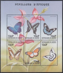 GUINEA Sc# 1599a-f MNH SHEETLET of 6 of  BUTTERFLIES, FLOWERS