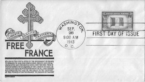 1943 FDC, #915, 5c Overrun Country - France, Anderson, hand cancel