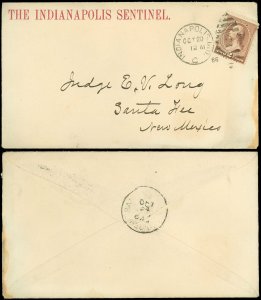 1885 Indianapolis Cds, Addressed to SANTA FE NEW MEXICO, TERRITORIAL Backstamp 
