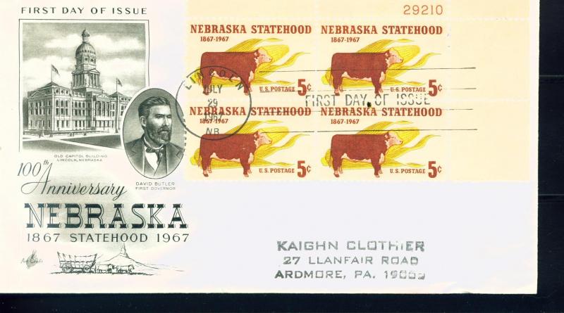 US Sc# 1328 FDC PL# BLK Nebraska Cow Corn Art Craft