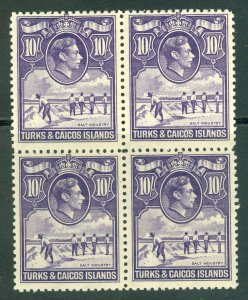 SG 205 Turks & Caicos 1938-45. 10/- bright violet. Unmounted mint block of 4...