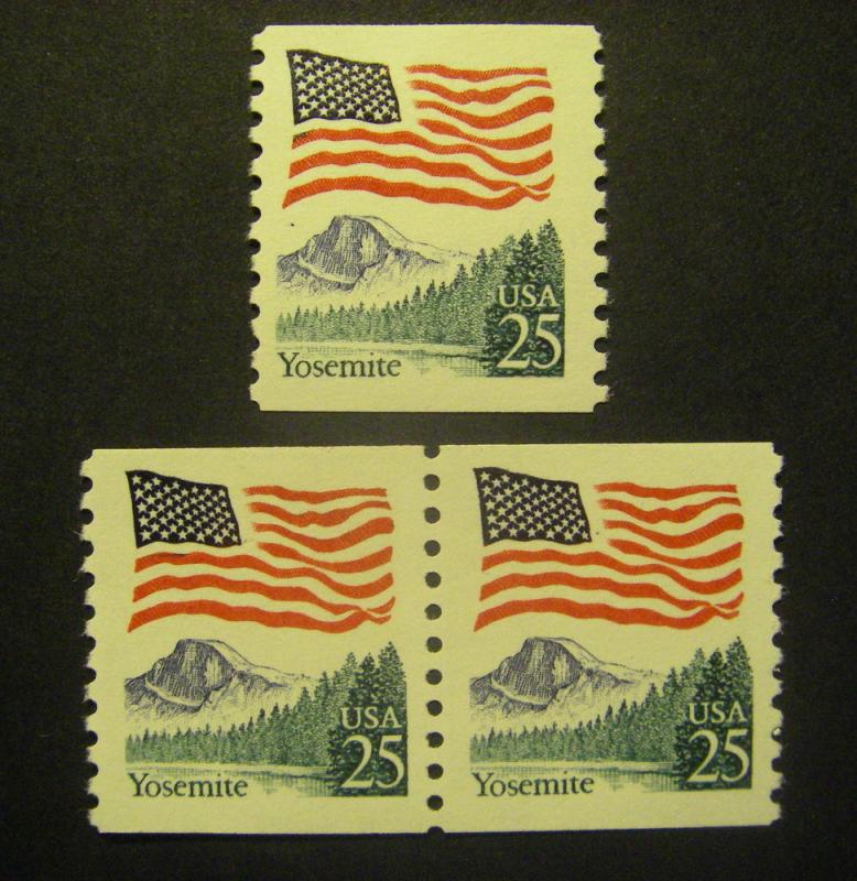 Scott 2280, 25c Flag over Yosemite, Pair & Single, block tag, MNH Coil Beauties