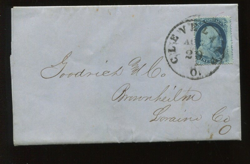 20 FRANKLIN USED 1857 COVER CLEVELAND TO BROWNHEILM OHIO PRINTED MATTER (LV1029)