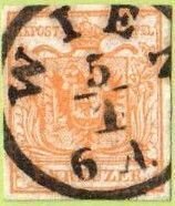 AUT SC #1b 1850 Coat of Arms, w/SON (WIEN / 1-5 / 6A.), bold strike, CV $150