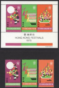 Hong Kong 1975 50c-$2 HK FESTIVALS + SOUV SHEET Scott 306-308+308a MNH Cat $150