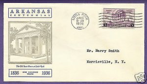 782  ARKANSAS CENT. 3c 1936 AT LITTLE ROCK, LINPRINT FIRST DAY COVER, ...