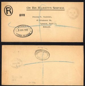 Turks and Caicos Islands 1932 stampless OHMS cover to England POSTMASTER cachet