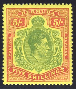 Bermuda 1952 KGVI 5s pale green & carmine/pale yellow (p13-CH) MLH. SG 118g var.