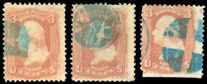 Scott #94, LOT/3 Different BLUE Fancy Cancels! (s-e SCV $37.50